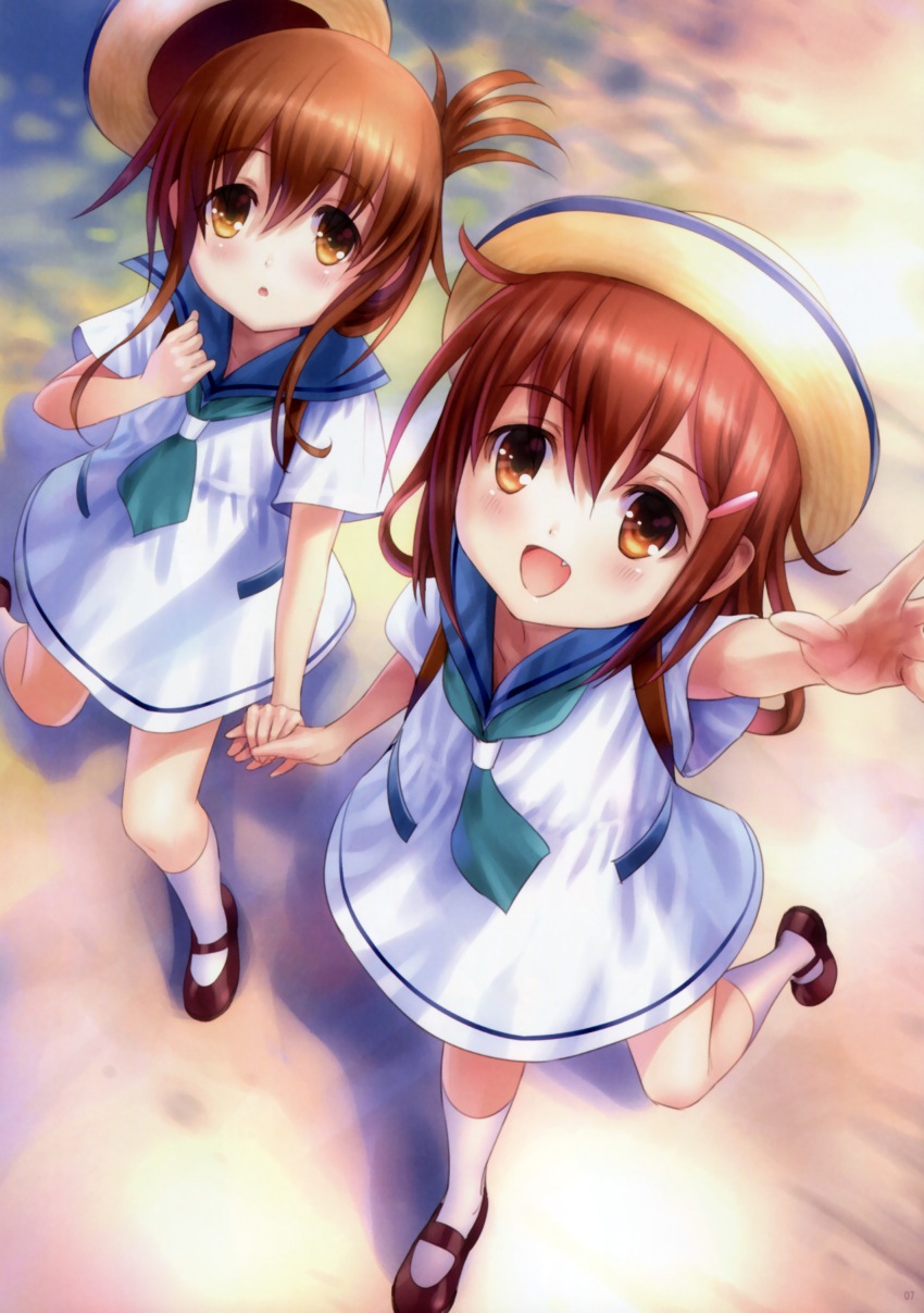 2girls :d :o absurdres alternate_costume blush brown_eyes brown_hair child collarbone fang folded_ponytail from_above goto_p hair_ornament hairclip hands_together hat hat_removed headwear_removed highres holding_hands ikazuchi_(kantai_collection) inazuma_(kantai_collection) kantai_collection kneehighs mary_janes multiple_girls neckerchief open_mouth outstretched_arm sailor_dress scan shoes short_sleeves smile standing_on_one_leg sun_hat white_legwear