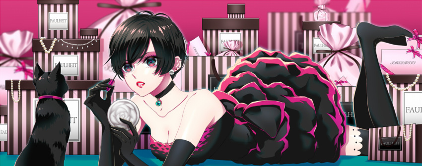 1girl bare_shoulders black_hair black_legwear breasts cat choker cleavage dress earrings gift jewelry lipstick lying makeup ohagi_(ymnky) on_stomach original parted_lips short_hair solo strapless_dress thigh-highs