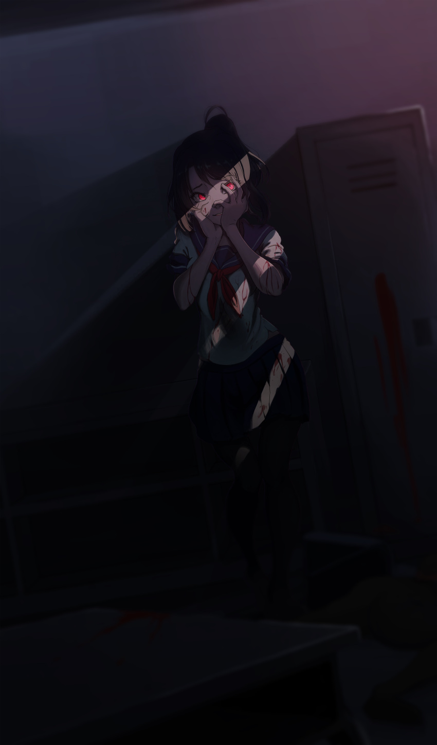 1girl absurdres blood brown_hair glowing glowing_eyes hands_on_own_cheeks hands_on_own_face highres incredibly_absurdres josh_(that-bleach-fan) open_mouth red_eyes school_uniform serafuku smile solo yandere yandere-chan yandere_simulator yandere_trance