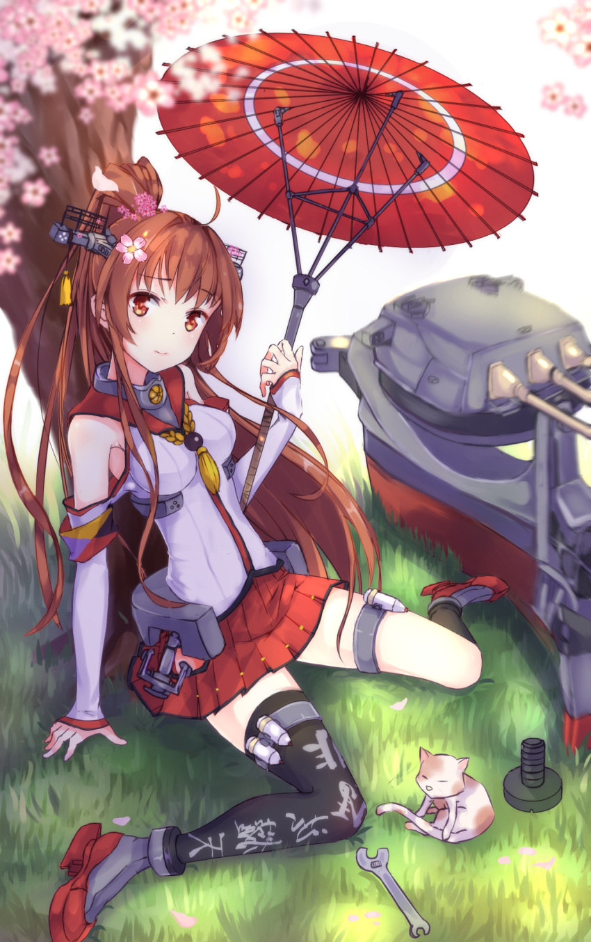 1girl black_legwear breasts brown_hair cannon cat cherry_blossoms commentary_request elbow_gloves gloves highres kantai_collection long_hair machinery parasol petals ponytail single_thighhigh sitting skirt tagme thigh-highs tree turret umbrella very_long_hair yamato_(kantai_collection) z_shichao
