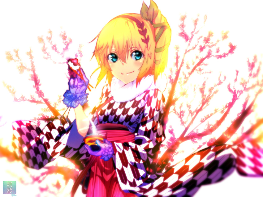 1girl blonde_hair blue_eyes edna_(tales) fur_trim furisode_(pixilvina) hair_ribbon hairband hakama highres japanese_clothes kanchuumimai kimono looking_at_viewer plum plum_blossoms purple_gloves ribbon short_hair side_ponytail smile solo tales_of_(series) tales_of_zestiria tress_ribbon