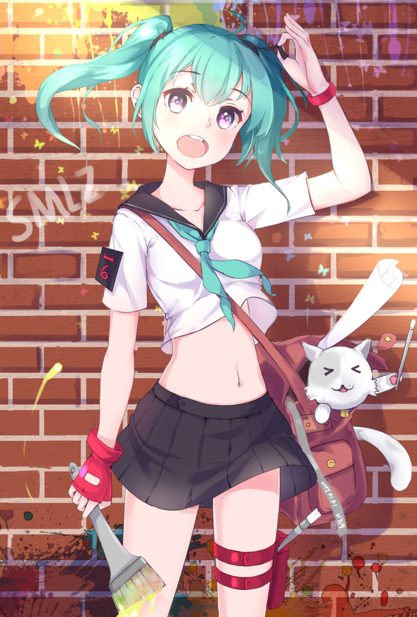 &gt;_&lt; 1girl :o adjusting_hair ahoge aqua_hair arm_at_side badge bag bangs black_skirt brick_wall cat closed_eyes crop_top crop_top_overhang dated fingerless_gloves gloves graffiti green_hair hair_ribbon highres holding_paintbrush looking_at_viewer midriff miniskirt mortar navel neckerchief open_mouth original paint paint_splatter paintbrush paper pleated_skirt pouch red_gloves ribbon school_uniform serafuku shirt short_hair short_sleeves shoulder_bag single_glove sketch skirt solo teeth thigh_pouch thigh_strap twintails white_shirt wristband z_shichao