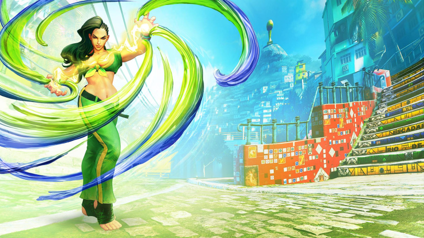 1girl asymmetrical_hair barefoot belt black_hair breasts brown_eyes cleavage cornrows electricity highres laura_matsuda lightning midriff official_art pants solo street_fighter street_fighter_v toeless_socks toes