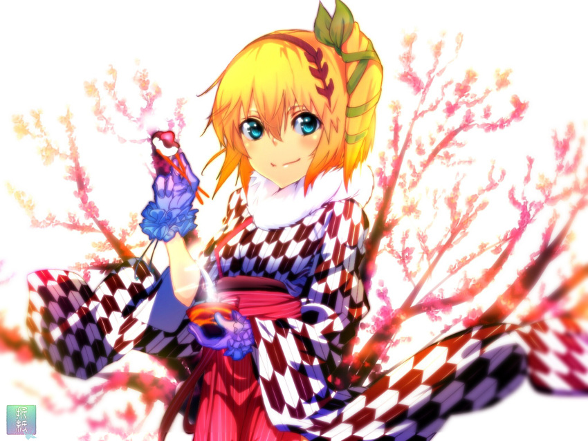 1girl blonde_hair blue_eyes edna_(tales) fur_trim furisode_(pixilvina) hair_ribbon hairband hakama highres japanese_clothes kanchuumimai kimono looking_at_viewer plum plum_blossoms purple_gloves ribbon short_hair side_ponytail smile solo tales_of_(series) tales_of_zestiria tress_ribbon