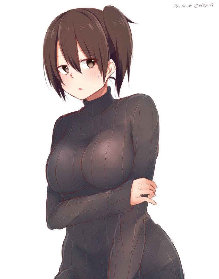 1girl 2015 akky_(akimi1127) alternate_costume arm_grab breasts brown_eyes brown_hair dated highres kaga_(kantai_collection) kantai_collection large_breasts long_hair long_sleeves looking_at_viewer open_mouth ribbed_sweater side_ponytail simple_background sketch sleeves_past_wrists solo sweater turtleneck twitter_username upper_body white_background