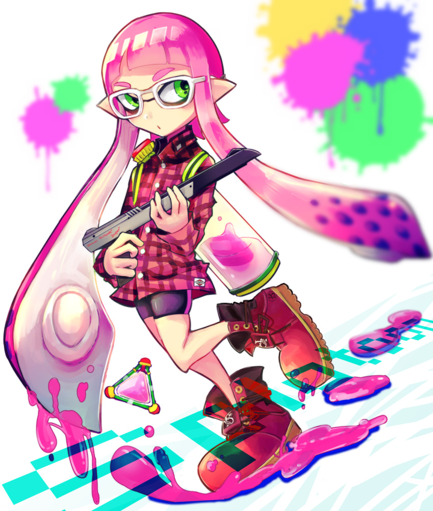 1girl bike_shorts bomb boots collared_shirt commentary container domino_mask dutch_angle green_eyes gun highres holding inkling long_hair looking_to_the_side mask nintendo paint_splatter pink_hair plaid plaid_shirt pointy_ears shirt shoes single_vertical_stripe solo splatoon standing tentacle_hair thi_fure walking weapon