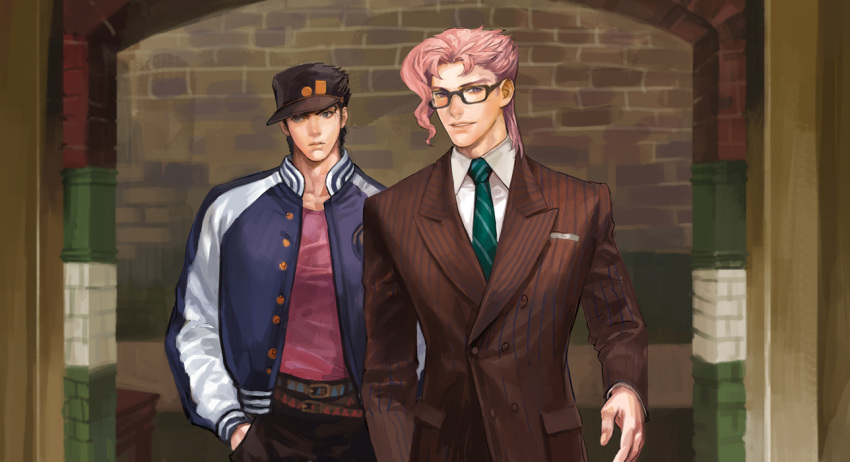 2boys avicy black_hair brick_wall formal gary_unwin_(cosplay) glasses hands_in_pockets harry_hart_(cosplay) hat jacket jojo_no_kimyou_na_bouken kakyouin_noriaki kingsman:_the_secret_service kuujou_joutarou multiple_boys necktie parody pink_hair striped_suit suit