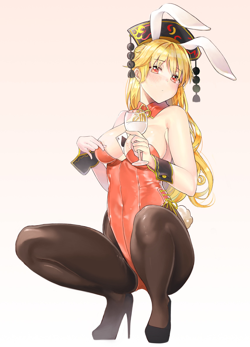 1girl absurdres alternate_costume ameyame animal_ears bare_arms bare_shoulders black_legwear blonde_hair blush breasts bunny_girl bunny_tail bunnysuit cup detached_collar detached_sleeves drinking_glass full_body hair_ornament high_heels highleg highleg_leotard highres holding_drinking_glass junko_(touhou) large_breasts legs_folded leotard long_hair looking_at_viewer pantyhose rabbit_ears red_eyes side-tie_leotard solo squatting tail touhou very_long_hair wine_glass