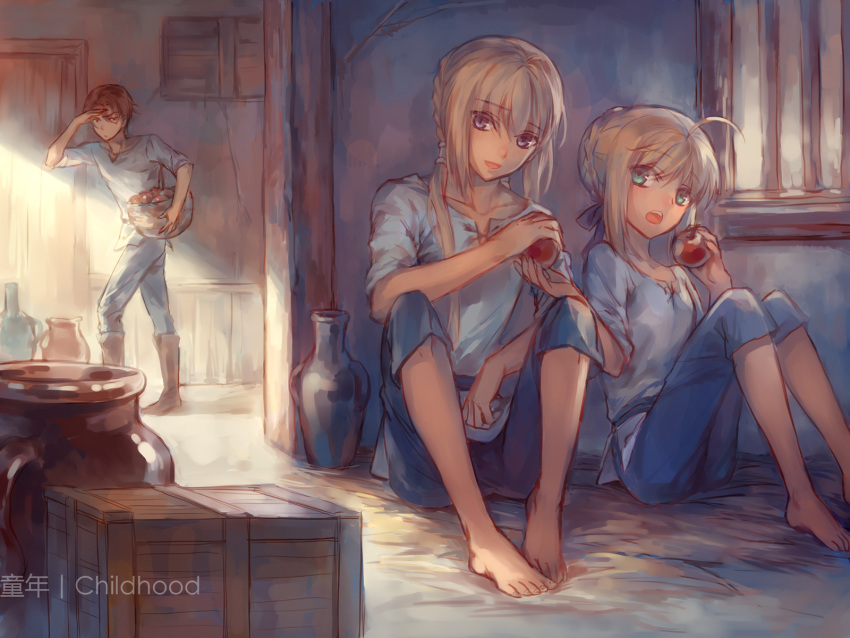 1girl 2boys ahoge apple bedivere blonde_hair boots crate eating english fate/stay_night fate_(series) food fruit highres kanmuri_(hanyifan30338) long_hair multiple_boys saber sitting type-moon vase wallpaper