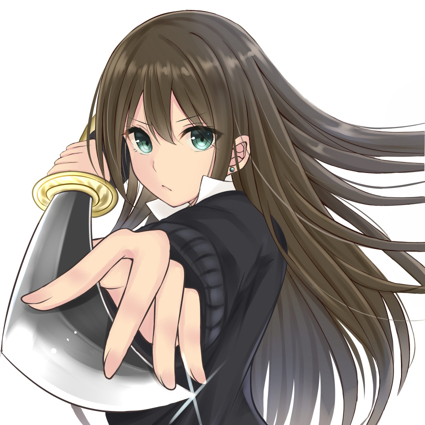 &gt;:/ &gt;:| 1girl absurdres bangs brown_hair ear_studs earrings eyes_visible_through_hair floating_hair foreshortening glint green_eyes highres holding_sword holding_weapon idolmaster idolmaster_cinderella_girls jewelry long_sleeves looking_at_viewer mizukoshi_(marumi) popped_collar shibuya_rin simple_background sparkle sweater sword upper_body weapon white_background