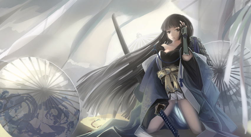 1girl black_eyes black_hair highres katana kikivi long_hair oriental_umbrella original solo sword umbrella weapon