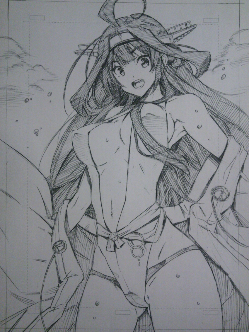 1girl ahoge breasts center_opening covered_nipples double_bun hairband headgear highres kantai_collection kojima_takeshi kongou_(kantai_collection) long_hair monochrome navel nontraditional_miko open_mouth sideboob sketch sling_bikini solo swimsuit traditional_media undressing water