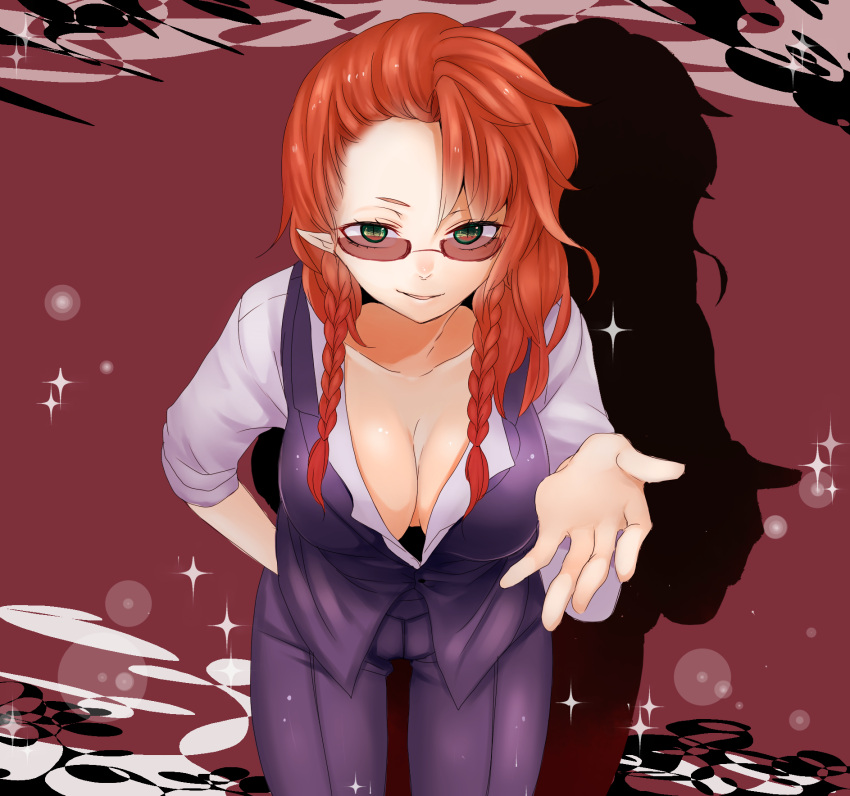 1girl alternate_costume alternate_hairstyle bent_over bespectacled blouse breasts cleavage clover_(lapis_lazure) elf facing_viewer formal glasses green_eyes hanging_breasts highres hong_meiling large_breasts long_hair no_bra no_hair_bow no_hat open_blouse open_clothes outstretched_hand pant_suit pointy_ears red-framed_glasses redhead semi-rimless_glasses sleeves_rolled_up slit_pupils smile solo suit touhou tuxedo