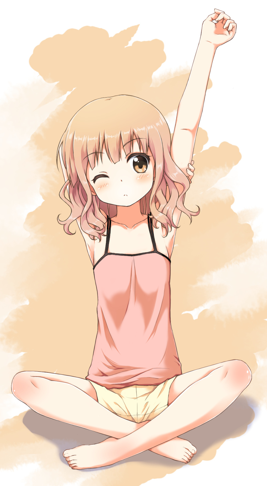 1girl arm_up armpits bangs bare_legs barefoot blush brown_eyes brown_hair camisole collarbone flat_chest frown full_body head_tilt highres indian_style long_hair one_eye_closed oomuro_sakurako outstretched_arm shorts sitting solo spaghetti_strap stretch uneune wince yellow_shorts yuru_yuri