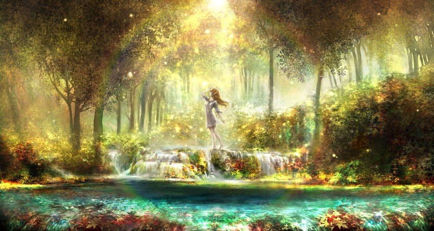 00 1girl absurdres autumn autumn_leaves barefoot blurry bush dress elf fantasy forest hand_on_own_head highres leaf lens_flare light_brown_hair light_particles maple_leaf nature original pointy_ears pond profile rainbow scenery see-through solo sunlight tree water waterfall white_dress