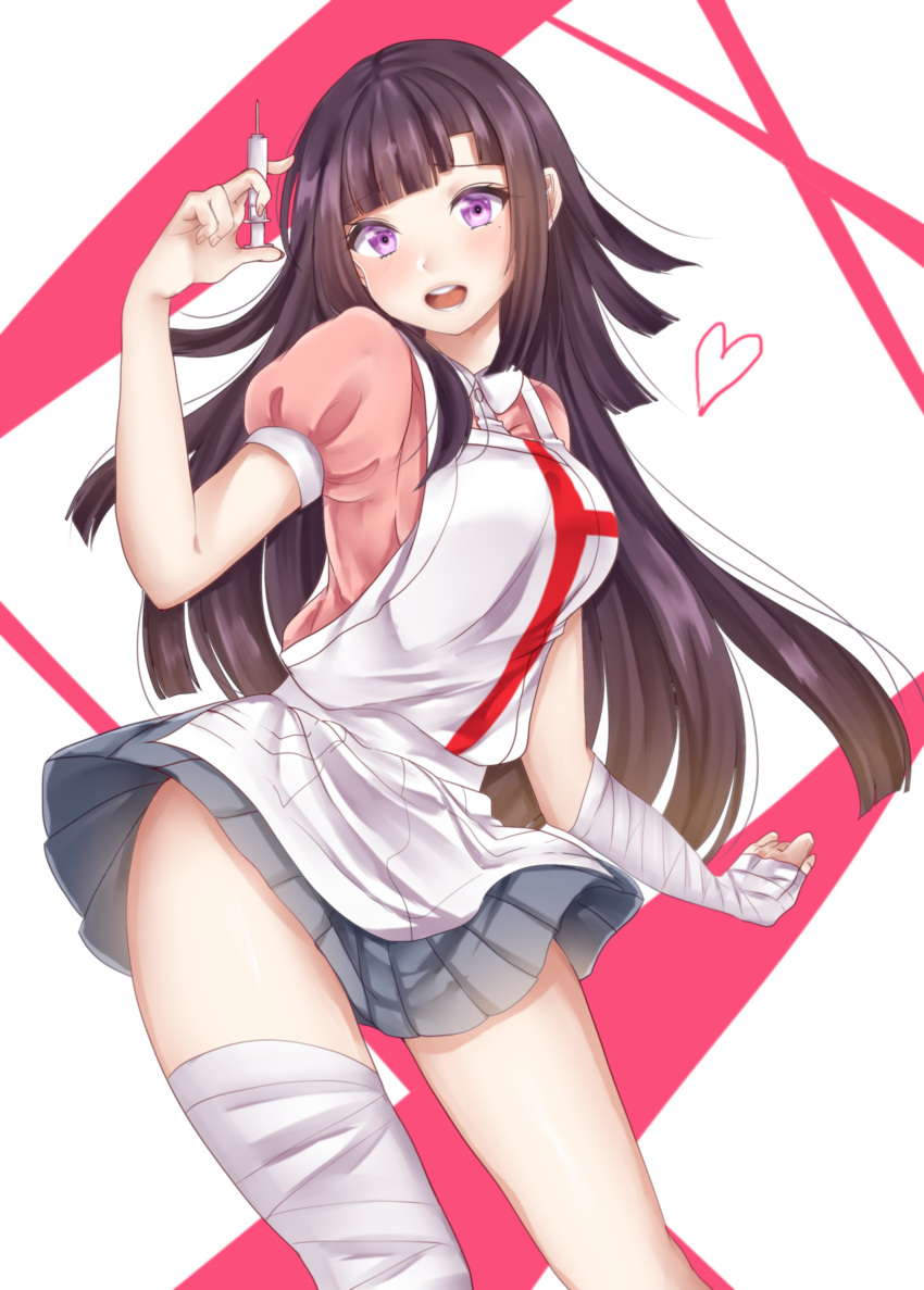 1girl absurdres apron bandages breasts dangan_ronpa heart highres injection kuramira long_hair mole mole_under_eye nurse open_mouth puffy_short_sleeves puffy_sleeves purple_hair short_sleeves solo super_dangan_ronpa_2 thighs tsumiki_mikan violet_eyes