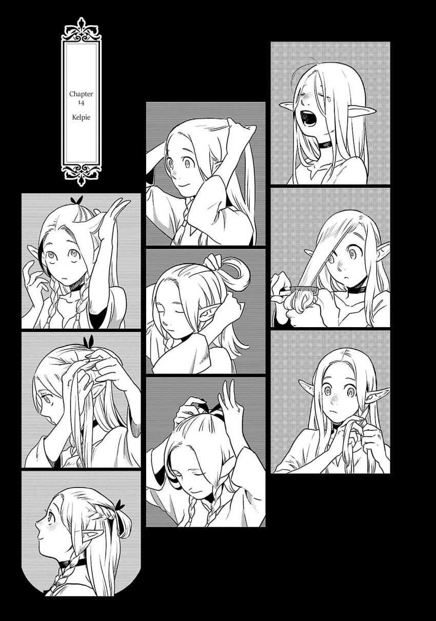 1girl braid braiding_hair choker closed_eyes comb dungeon_meshi elf hairdressing highres kui_ryouko marushiru monochrome official_art open_eyes pointy_ears sequential sleepy smile tearing_up yawning