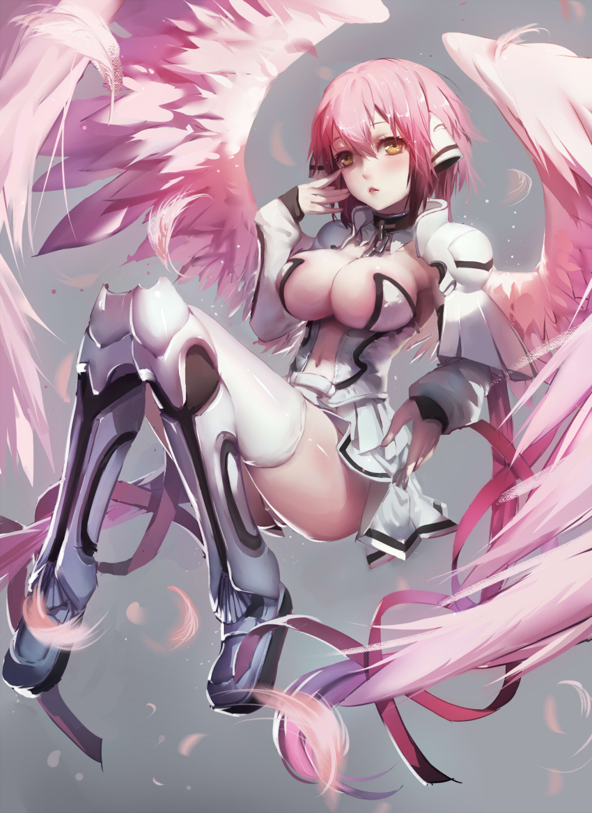 1girl angel_wings bangs between_breasts blush boots breasts brown_eyes chain cleavage collar d: detached_sleeves feathered_wings feathers full_body grey_background highres ikaros knee_boots large_breasts long_hair long_sleeves navel navel_cutout open_mouth panties parted_lips pink_hair pink_lips pink_wings ribbon solo sora_no_otoshimono thigh-highs twintails underwear very_long_hair white_panties wings yuiko_(yuiko33miao)