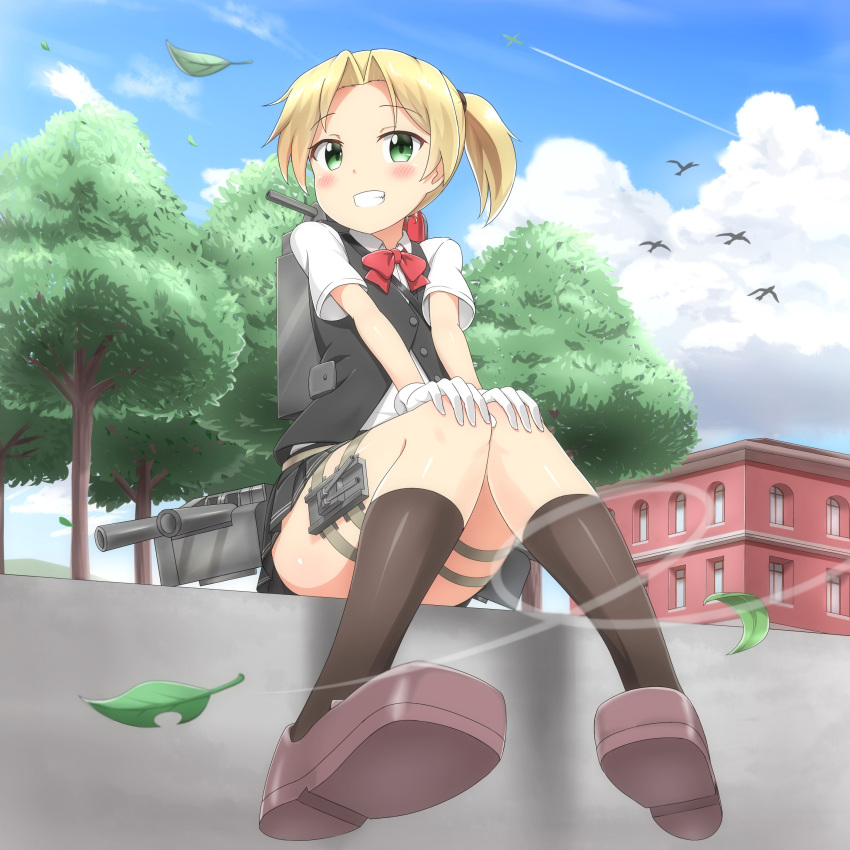 1girl absurdres airplane bird black_legwear blonde_hair blush bowtie building cannon clouds condensation_trail gloves green_eyes grin hands_on_own_knees highres kantai_collection knees_together_feet_apart leaf loafers looking_at_viewer maikaze_(kantai_collection) nedia_r outdoors shoes short_ponytail short_sleeves sitting smile solo tree vest white_gloves wind