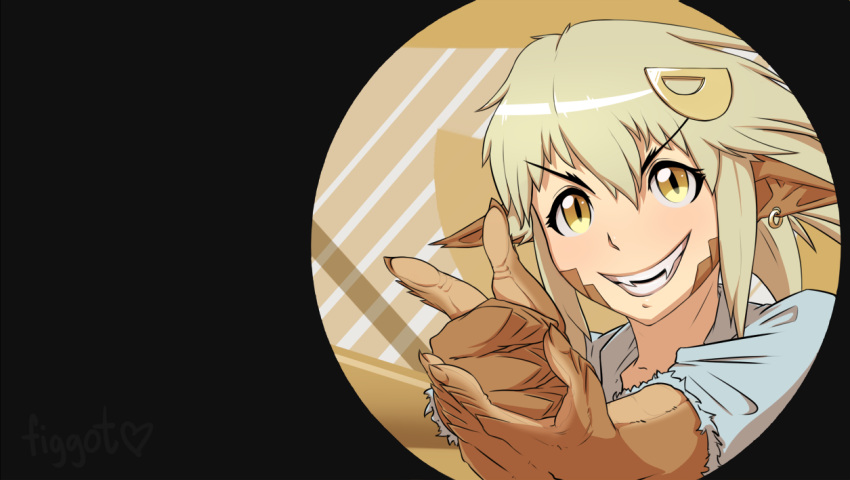 1girl blonde_hair claws earrings echidna_(monster_musume) fangs figgot grin hair_ornament hairclip jewelry lamia monster_girl monster_musume_no_iru_nichijou parody pointing pointy_ears portrait scales signature slit_pupils smile solo yellow_eyes
