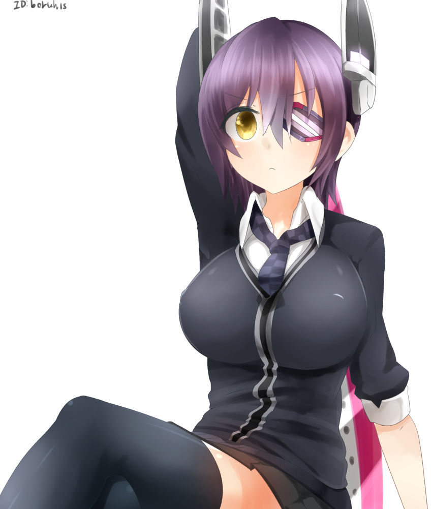 1girl black_legwear blush boruhis breasts eyepatch headgear highres kantai_collection large_breasts looking_at_viewer necktie purple_hair school_uniform short_hair simple_background solo sword tenryuu_(kantai_collection) thigh-highs weapon white_background yellow_eyes