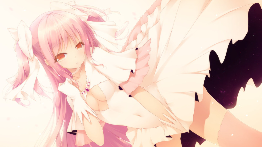 1girl blush bow breasts cleavage_cutout covered_navel covering covering_crotch dress gloves goddess_madoka hair_bow highres kaname_madoka long_hair magical_girl mahou_shoujo_madoka_magica pink_hair red_eyes shokuyou_mogura solo spoilers twintails two_side_up upside-down very_long_hair white_gloves