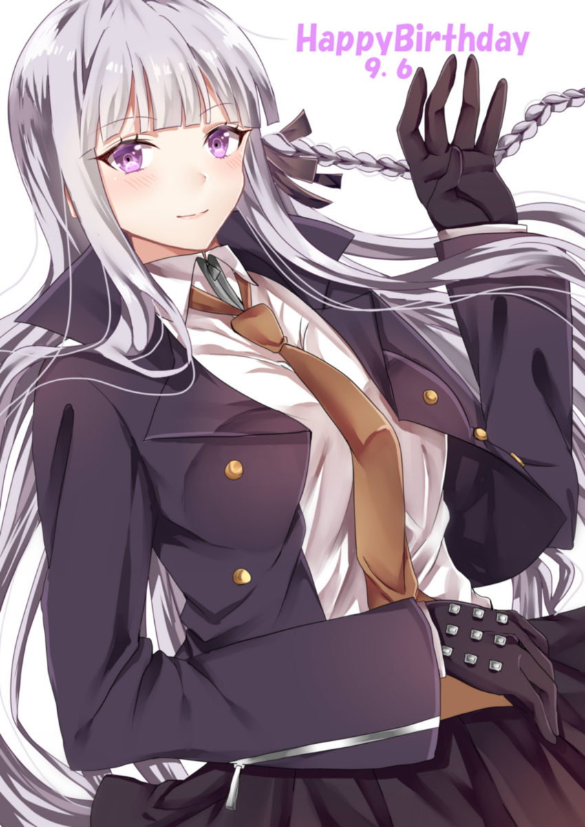 1girl absurdres braid dangan_ronpa dangan_ronpa_1 gloves hair_ribbon happy_birthday highres jacket kirigiri_kyouko kuramira long_hair necktie purple_hair ribbon side_braid skirt solo violet_eyes