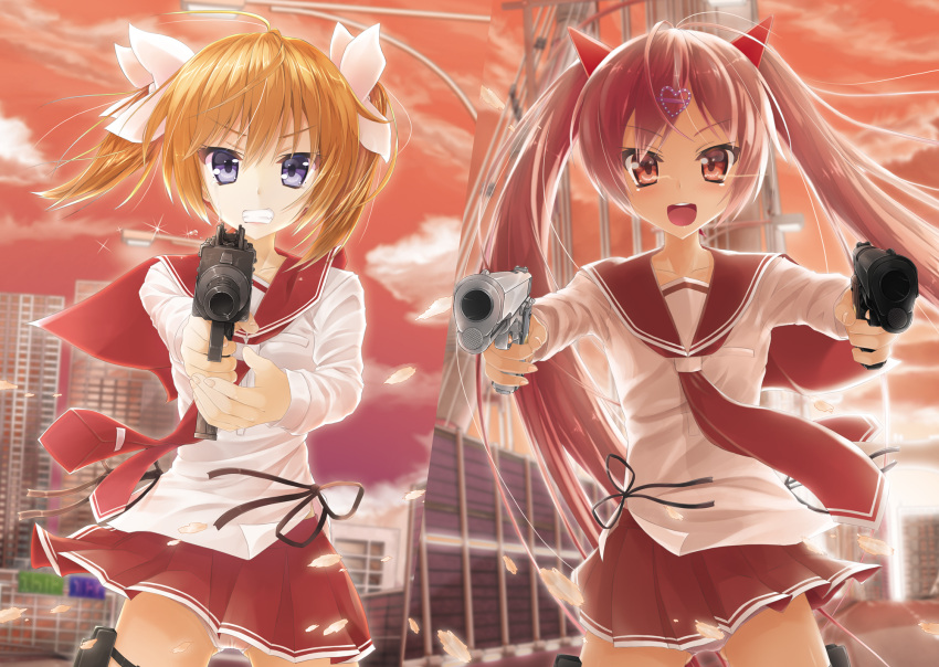 2girls blonde_hair gun handgun hidan_no_aria highres holster hyouta_(nekogamirin_c) kanzaki_h_aria long_hair m1911 mac-10 mamiya_akari multiple_girls panties pink_hair pistol red_eyes school_uniform serafuku submachine_gun sunset thigh_holster twintails underwear violet_eyes weapon