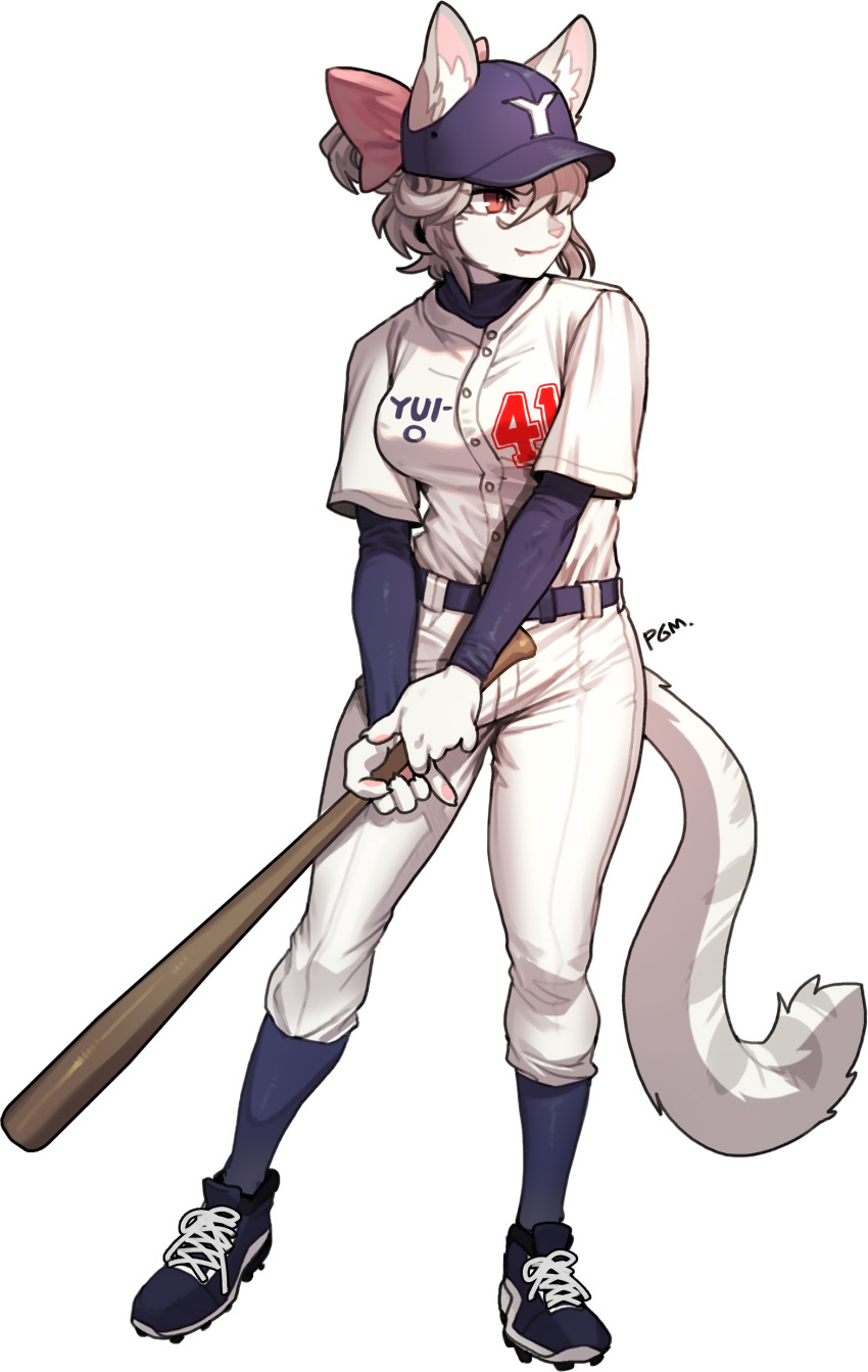 1girl absurdres artist_name baseball_bat baseball_cap baseball_uniform belt breasts cleats commission fang full_body furry furry_female grey_hair hair_over_one_eye hat highres holding holding_baseball_bat kneehighs medium_breasts original pants pgm300 simple_background slit_pupils solo sportswear standing watermark white_background