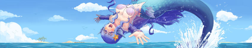 1girl blue_hair breasts commentary_request cyzir_visheen detached_sleeves hair_ornament head_fins highres jumping large_breasts long_hair long_image mermaid mermaid_(monster_girl_encyclopedia) monster_girl monster_girl_encyclopedia navel ocean open_mouth scales shell shell_bikini solo sparkle star_hair_ornament starfish upside-down very_long_hair violet_eyes wide_image