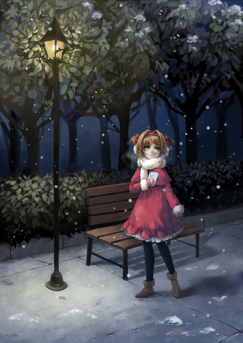 1girl 2013 ankle_boots antenna_hair bangs bench black_legwear boots breath brown_boots brown_hair bush capelet cardcaptor_sakura cherry_blossoms dated dress earmuffs envelope fur_trim green_eyes hairband highres kinomoto_sakura lamppost looking_away looking_to_the_side mittens neeta night outdoors pantyhose park park_bench pavement plant red_dress scarf shadow short_hair signature snow snowing solo standing tree two_side_up white_scarf winter_clothes