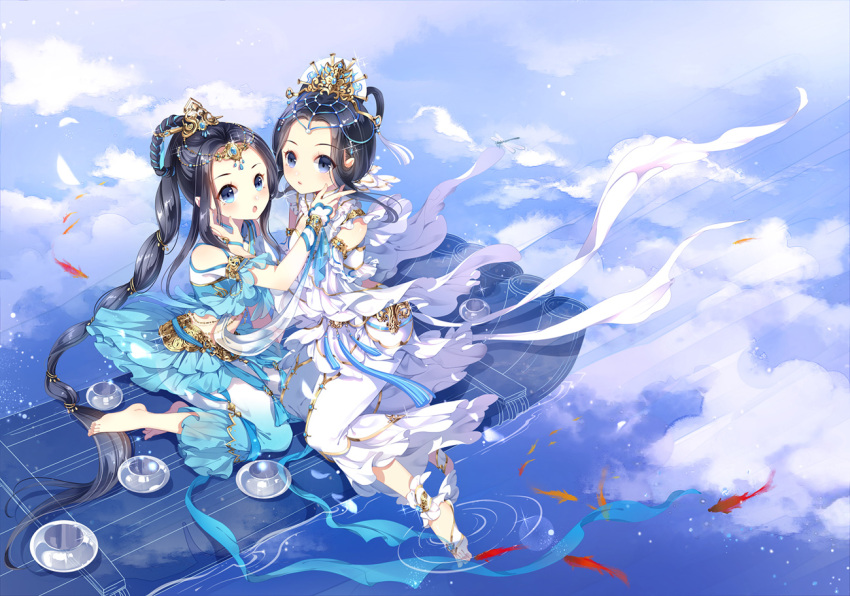 2girls :o ankle_cuffs anklet armband barefoot barefoot_sandals black_hair blue_eyes fish jewelry long_hair multiple_girls pants ponytail reflection sitting tagme very_long_hair water wrist_cuffs
