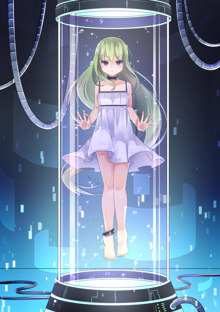 1girl against_glass anklet barefoot bubble digital_dissolve dress floating green_hair highres jewelry long_hair neck_ring original solo stasis_tank sundress suzu_(alpha_diamant) tube very_long_hair violet_eyes