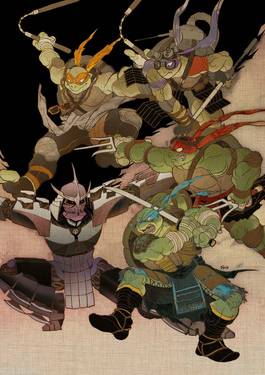 1boy brass_stars clenched_teeth donatello fine_art_parody helmet highres katana leonardo mask michelangelo nihonga nunchaku parody raphael sai_(weapon) shredder staff sunglasses sword teenage_mutant_ninja_turtles ukiyo-e weapon