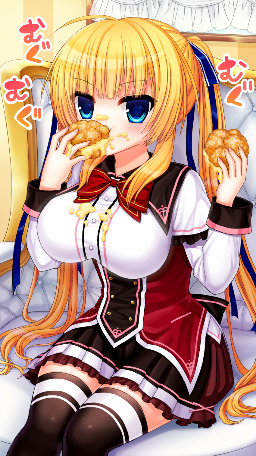1girl artist_request black_legwear blonde_hair blue_eyes breasts chair commentary_request cream_puff eating highres impossible_clothes large_breasts school_uniform sitting skirt tagme thigh-highs twintails zettai_ryouiki
