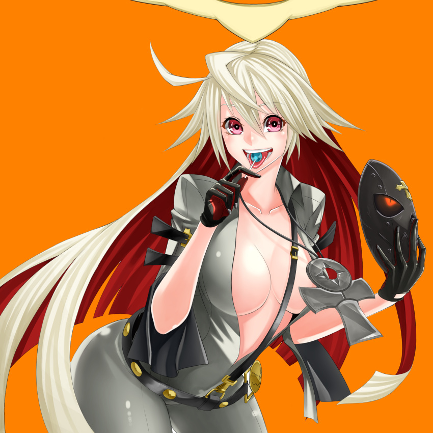1girl ahoge ankh belt bodysuit breasts candy center_opening gloves guilty_gear guilty_gear_xrd halo highres jack-o_(guilty_gear) leaning_forward lollipop long_hair looking_at_viewer mask multicolored_hair onji open_mouth orange_background red_eyes redhead solo tongue tongue_out two-tone_hair white_hair