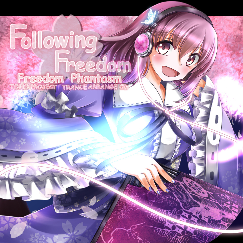1girl album_cover breasts cherry_blossoms cover fan folding_fan hat headphones highres hitodama japanese_clothes long_sleeves nail_polish no_eru no_hat petals pink_eyes pink_hair saigyouji_yuyuko saigyouji_yuyuko's_fan_design sash short_hair smile touhou triangular_headpiece wide_sleeves