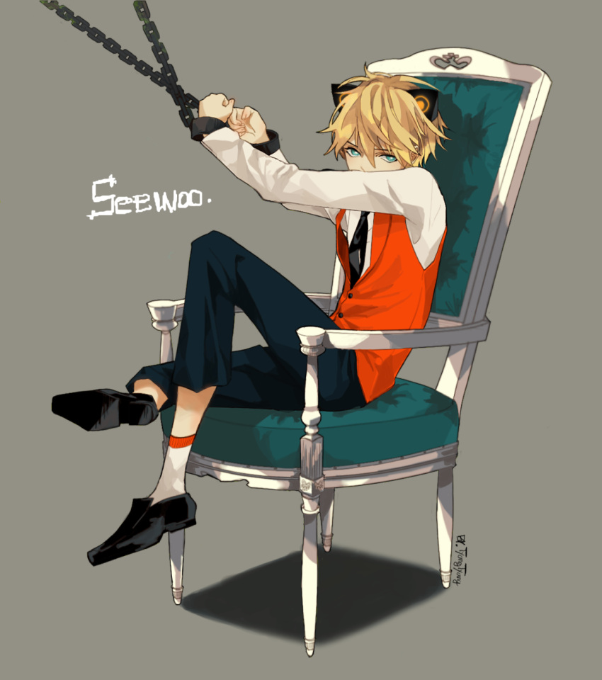1boy alternate_costume animal_ears artist_name artist_request blonde_hair blue_eyes capri_pants chain chair character_name cuffs fake_animal_ears grey_background handcuffs highres loafers male_focus pants seeu seewoo shoes simple_background sitting solo vest vocaloid