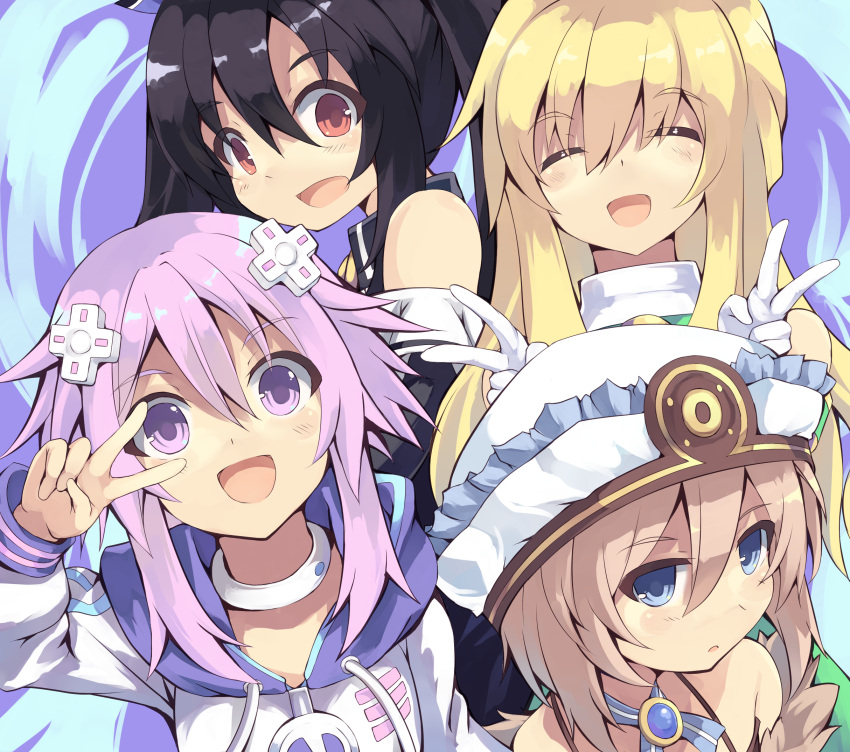 4girls bare_shoulders black_hair blanc blonde_hair blue_eyes blush brown_hair choker choujigen_game_neptune closed_eyes double_v gloves hair_ornament hat highres hoodie long_hair long_sleeves looking_at_viewer multiple_girls neptune_(choujigen_game_neptune) neptune_(series) noire nomalandnomal open_mouth purple_hair red_eyes ribbon short_hair smile twintails upper_body v vert very_long_hair violet_eyes white_gloves