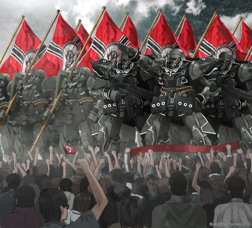 2015 ammunition artist_name banner black_hair crowd fist_pump flag gas_mask geara_zulu gun gundam gundam_unicorn helmet highres kzchan military military_uniform salute uniform watermark waving_arms weapon zeon