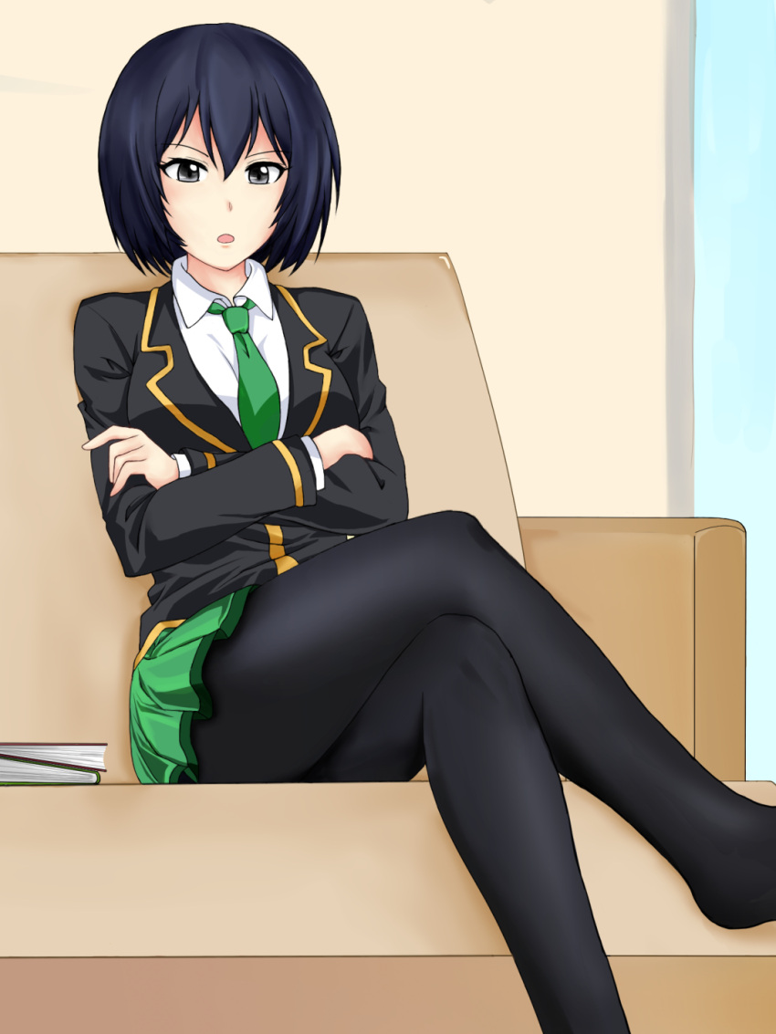 1girl black_eyes black_hair black_legwear couch crossed_arms crossed_legs hair_between_eyes highres ioiou joukamachi_no_dandelion necktie no_shoes open_mouth pantyhose sakurada_kanade school_uniform sitting solo