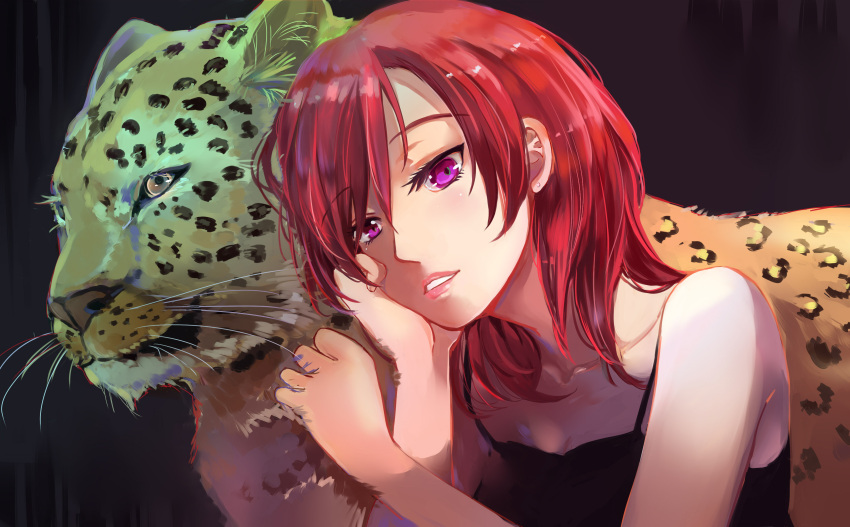 1girl absurdres black_background hand_on_own_cheek head_rest highres junjun_(kimi-la) looking_at_viewer love_live!_school_idol_project nishikino_maki panther parted_lips pink_lips redhead short_hair simple_background sleeveless solo violet_eyes