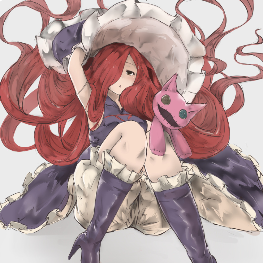 1girl :o anna_(granblue_fantasy) armlet bloomers blush boots buttons dress floating_hair frilled_boots frilled_dress frilled_gloves frilled_hat frills gloves granblue_fantasy hair_over_one_eye hat high_heel_boots high_heels highres holding knees_together_feet_apart long_hair minikon open_mouth orange_eyes purple_boots purple_dress purple_hat redhead sitting sleeveless sleeveless_dress solo stuffed_animal stuffed_cat stuffed_toy underwear very_long_hair witch witch_hat