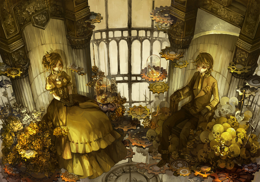 1boy 1girl aku_no_musume_(vocaloid) bangs belt black_gloves blonde_hair bottle brother_and_sister clock dress flower formal from_above gate gears gloves gothic grave hair_flower hair_ornament hairclip holding kagamine_len kagamine_rin katari_biumi long_sleeves pants puffy_short_sleeves puffy_sleeves red_eyes ribbon rose shadow short_hair short_sleeves siblings side_ponytail sitting skull sword tied_up twins vocaloid weapon yellow_dress yellow_necktie yellow_rose