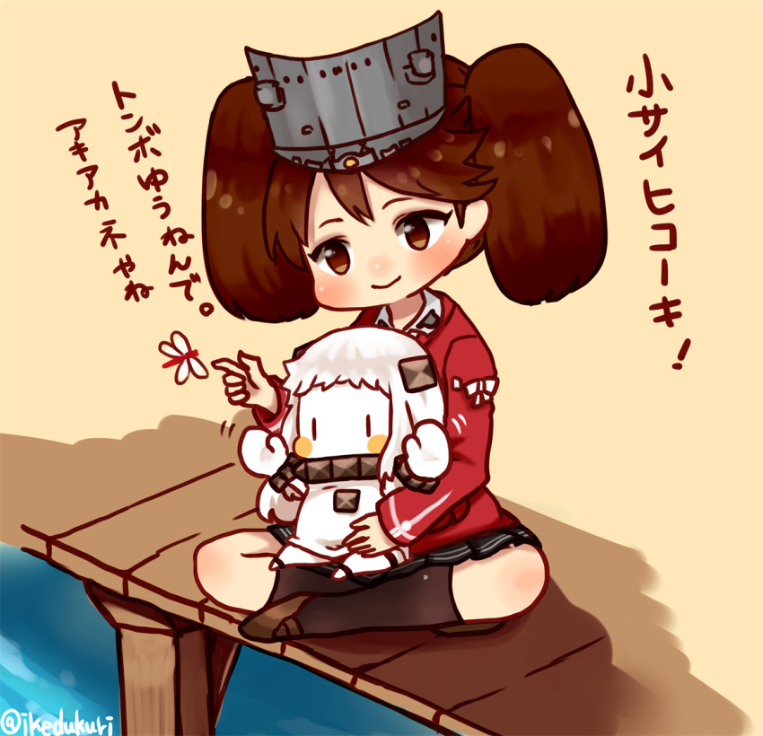 2girls brown_hair chibi commentary dragonfly dress flat_chest hat horns insect japanese_clothes kantai_collection kobone long_hair mittens multiple_girls northern_ocean_hime pale_skin revision ryuujou_(kantai_collection) shinkaisei-kan skirt sleeveless sleeveless_dress smile translated twintails visor_cap white_dress white_hair white_skin