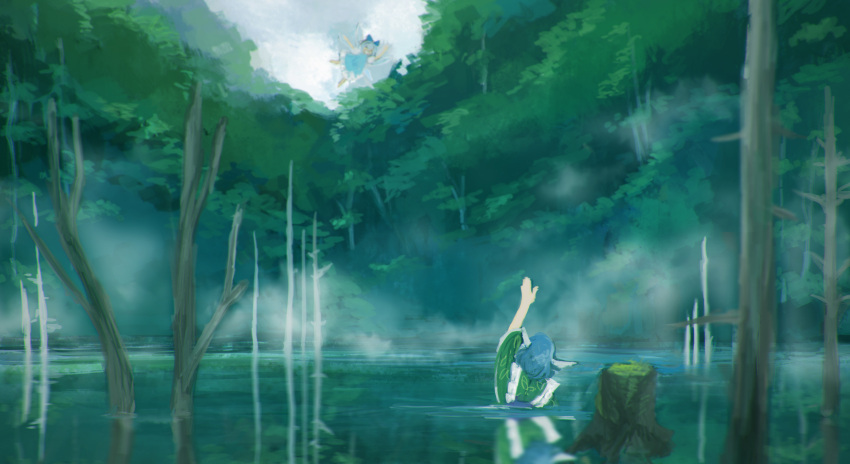 2girls arm_up blue_dress blue_hair cirno dress flying from_behind hair_ribbon haru_akira head_fins highres ice ice_wings japanese_clothes kimono long_sleeves multiple_girls nature reflection ribbon scenery short_hair touhou tree wakasagihime water wide_sleeves wings