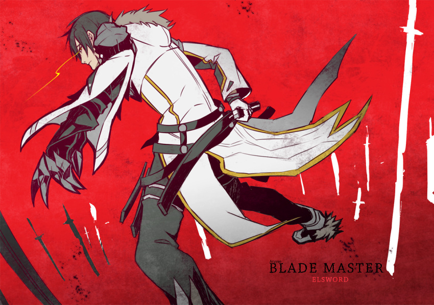 1boy artist_name black_hair black_pants blade_master_(elsword) character_name coat copyright_name daizu_yan elsword fighting_stance hoodie looking_back male_focus pants raven_(elsword) ready_to_draw red_background scabbard sheath solo yellow_eyes