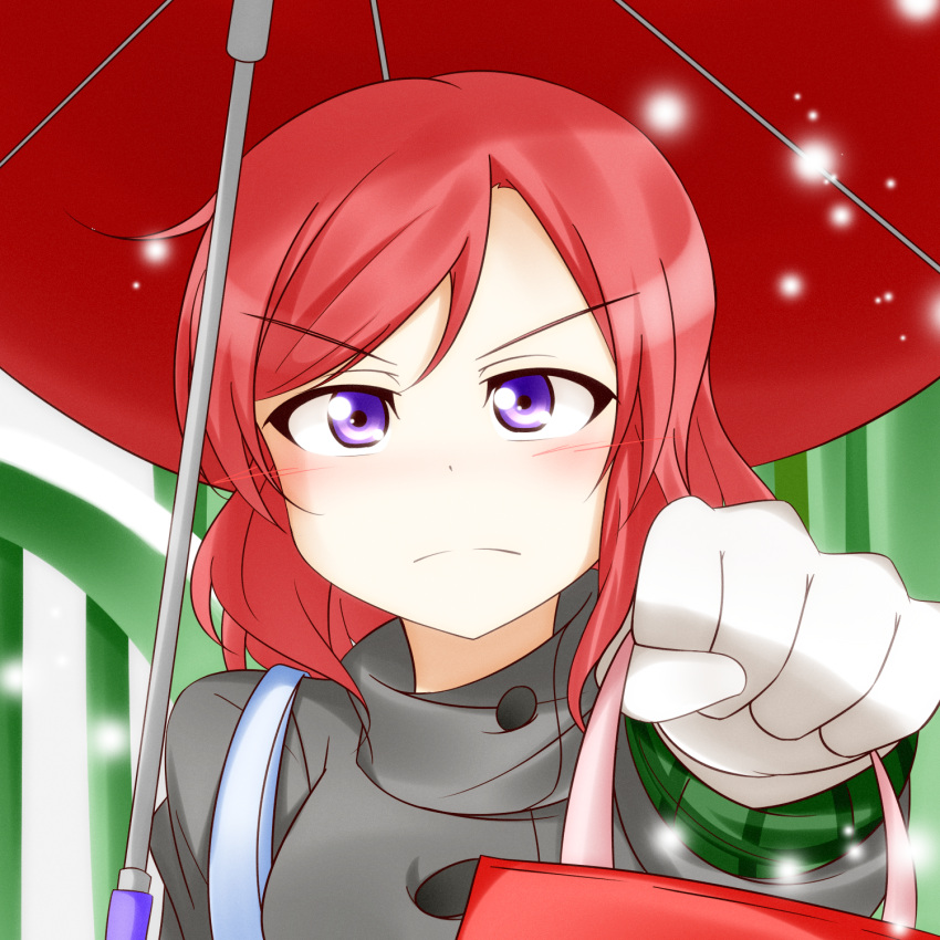 &gt;:( 1girl bag blush coat commentary feitonokesin frown gloves highres looking_at_viewer love_live!_school_idol_project nishikino_maki pink_hair pov short_hair snow solo tsundere umbrella violet_eyes white_gloves