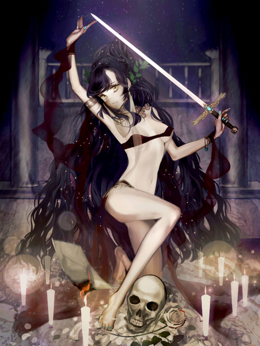 1girl armlet bad_anatomy bare_shoulders barefoot black_hair blue_fingernails blue_nails blurry bokeh bracelet breasts burning candle depth_of_field earrings fire floating_object flying_paper full_body hair_ornament head_tilt highres holding_sword holding_weapon jewelry long_hair looking_at_viewer mask midriff nail_polish navel necklace night night_sky one_knee paper purple_hair railing red_ribbon ribbon see-through shikishima_(eiri) skull sky solo sword under_boob very_long_hair weapon yellow_eyes