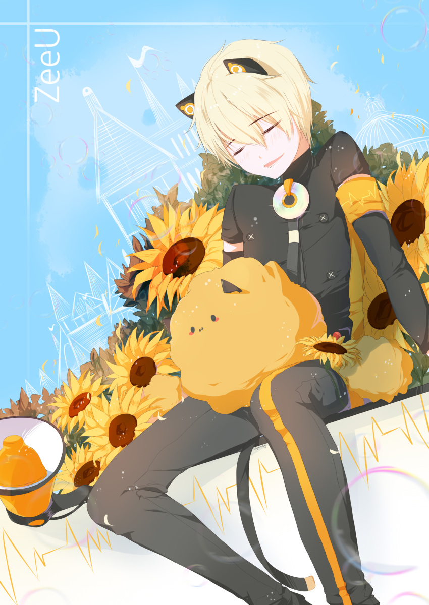 1boy :3 absurdres animal_ears arm_support blonde_hair character_name denim drooling dutch_angle fake_animal_ears fake_tail flower fungus_(vocaloid) genderswap highres jeans male_focus megaphone pants seeu sitting sleeping sunflower tail vocaloid zeeu